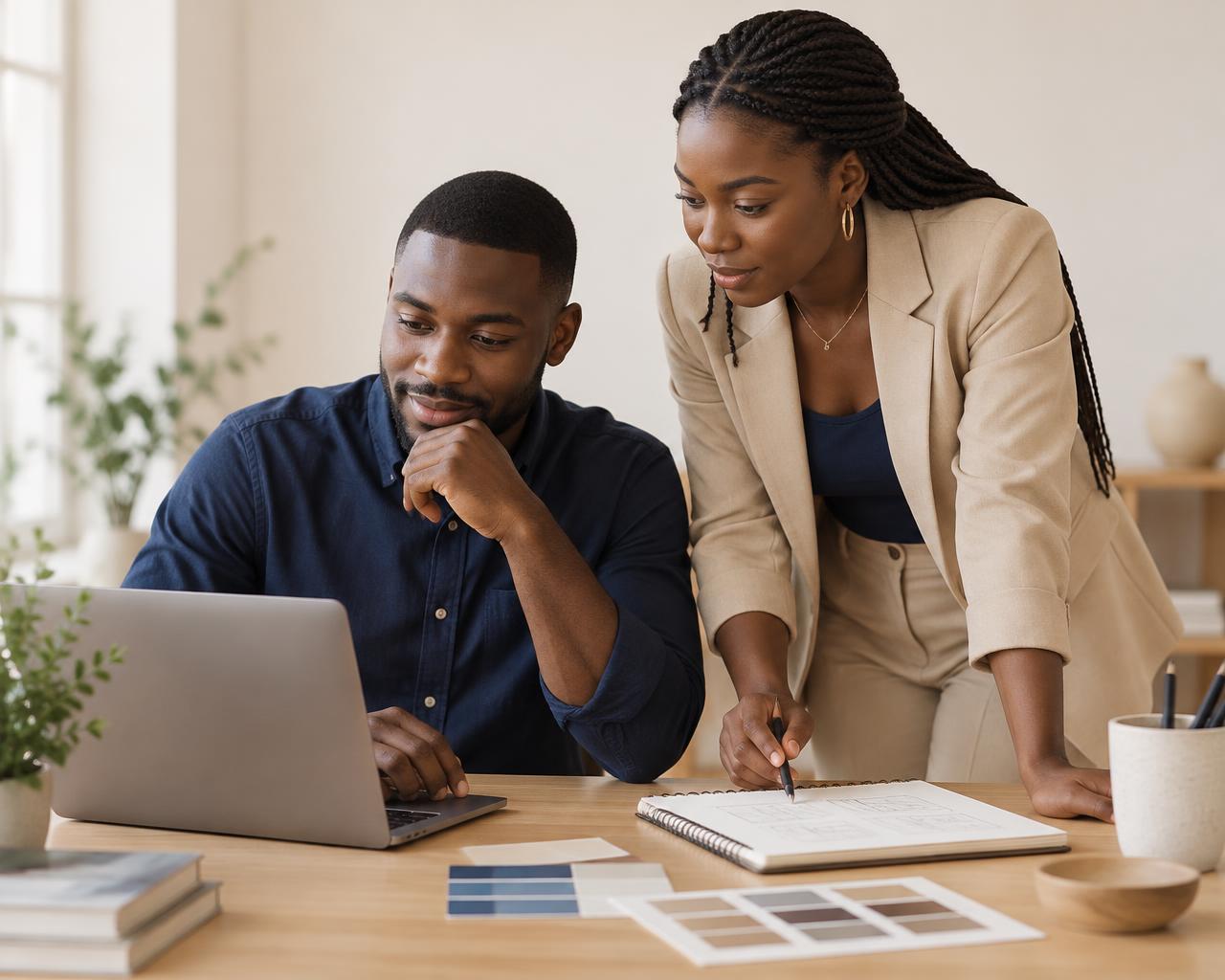 Two VALUE team members reviewing a design project on a laptop
